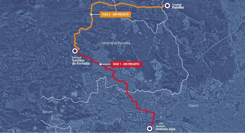 Карта коредоре БРТ метрополитано Альфавиль-Кажамар