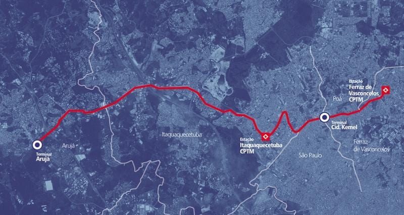 Карта коредоре БРТ метрополитано ободу Алто Тиете